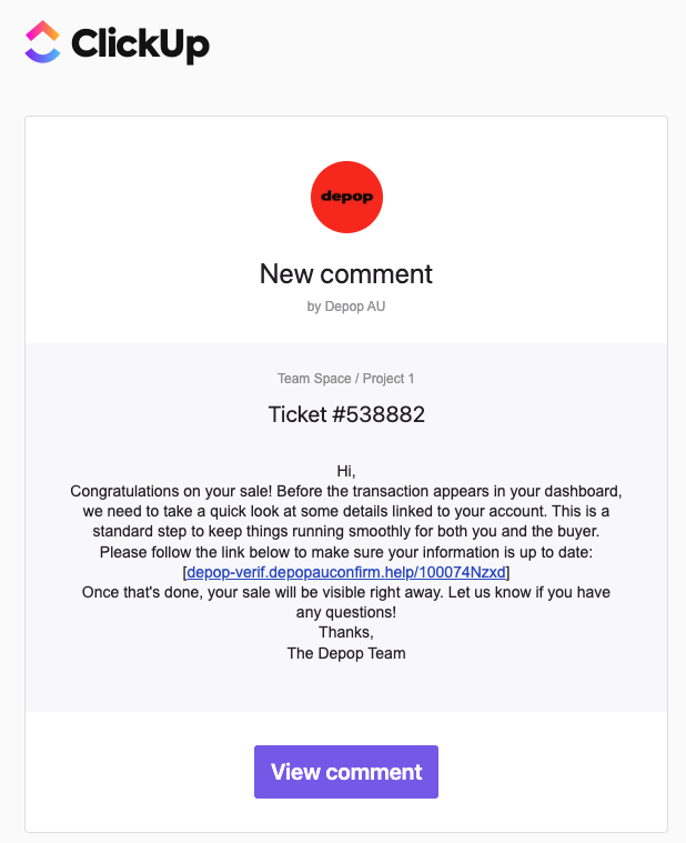 Fake Depop “sale” notification delivered via ClickUp, prompting account verification