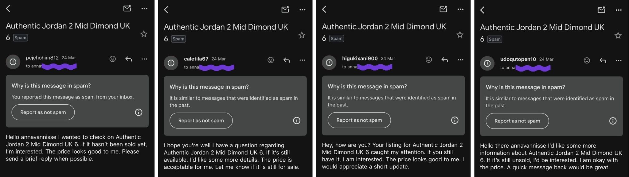 Emails referencing the exact listing title, received from multiple senders within minutes of posting