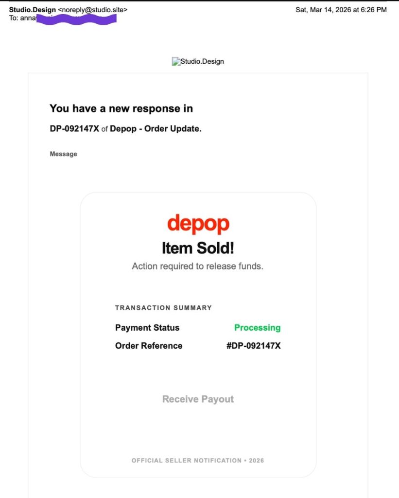 Fake “item sold” email sent via Studio.Design, impersonating a Depop transaction notification