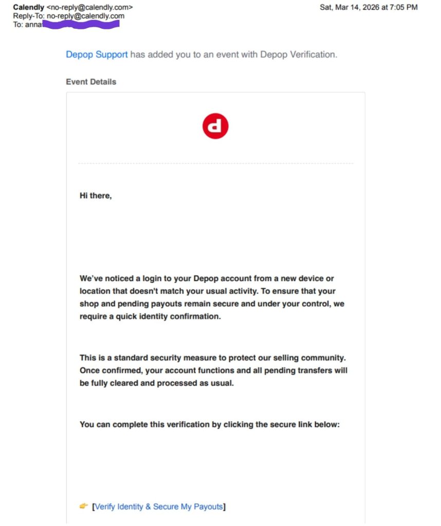 Fake Depop “account verification” email sent via Calendly, prompting identity confirmation