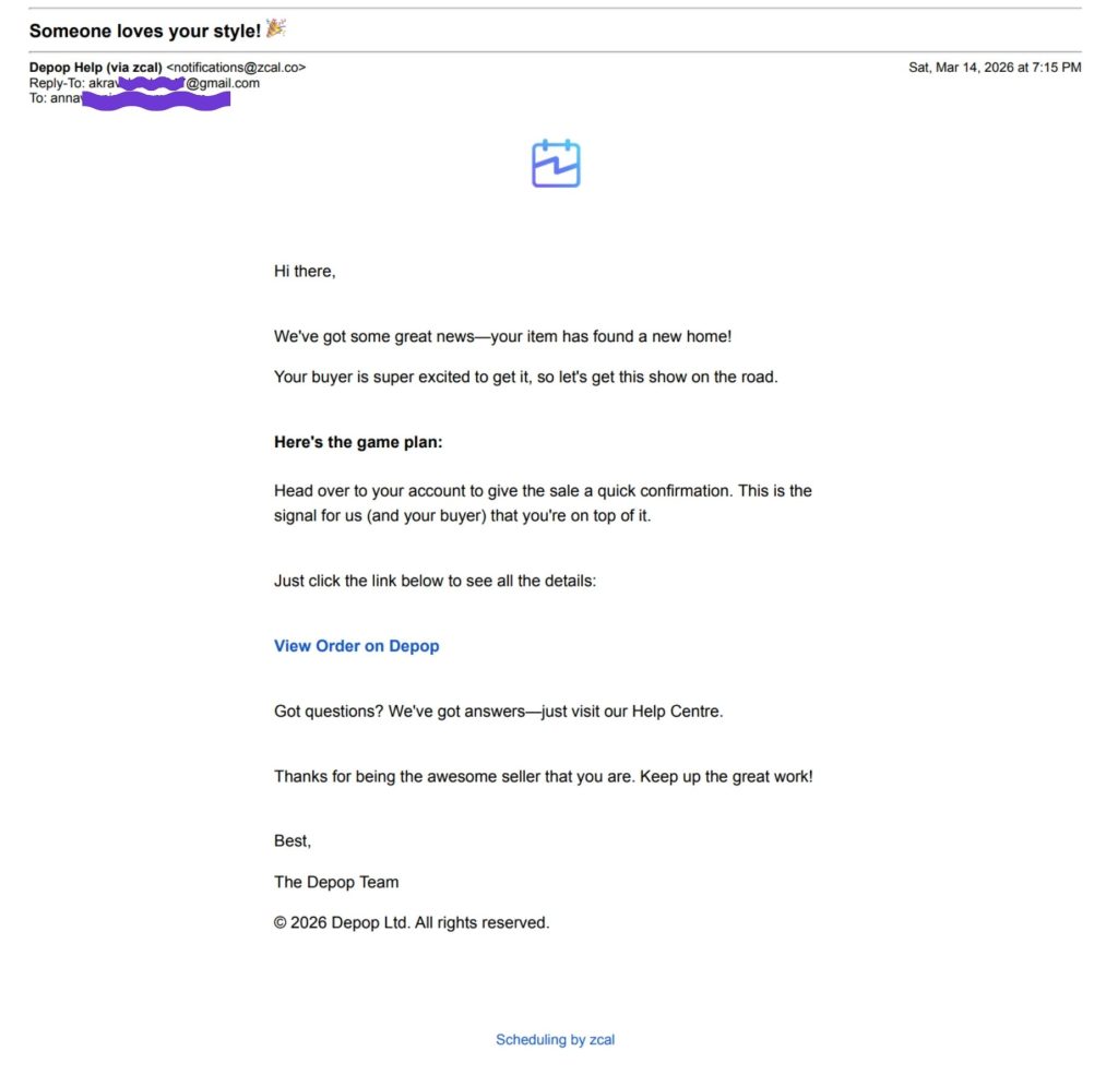 Fake “item sold” email sent via Zcal, impersonating a Depop transaction