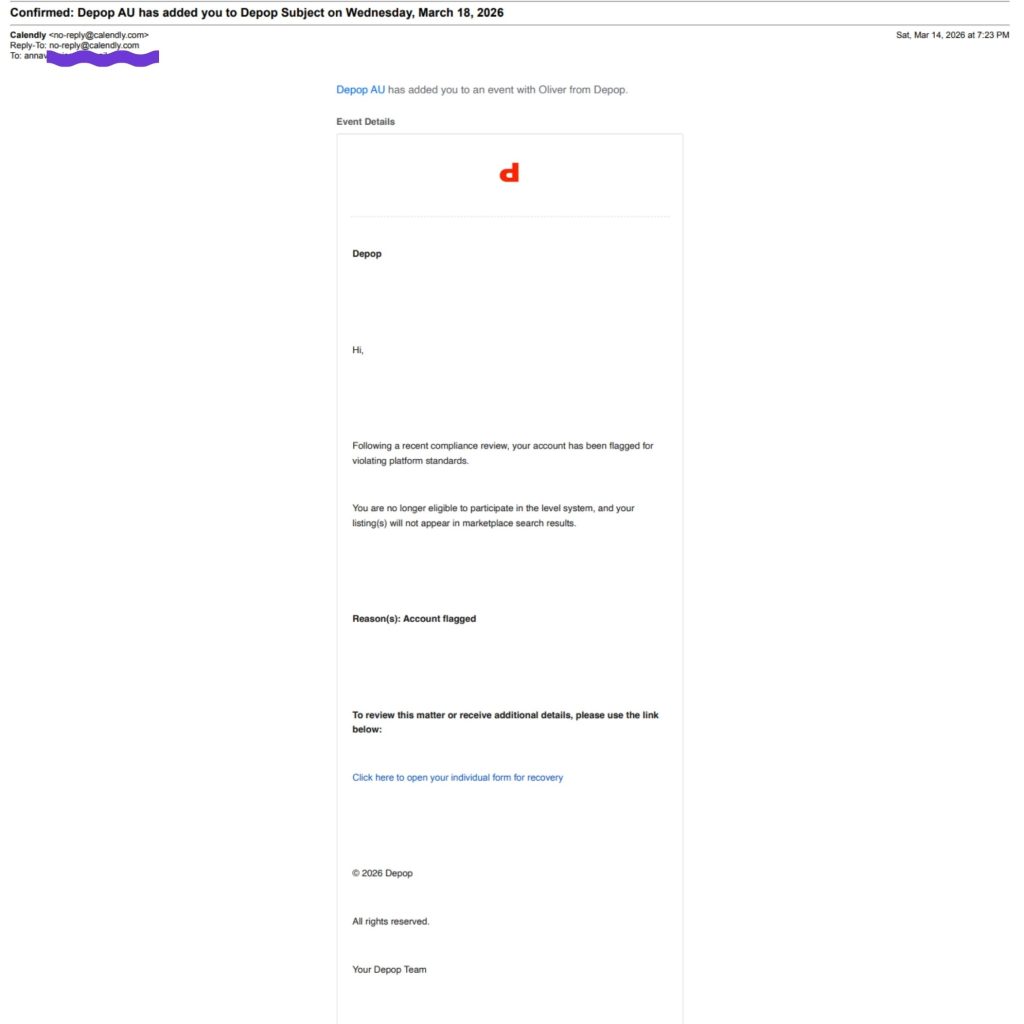 Fake Depop “account flagged” notification sent via Calendly, prompting recovery action