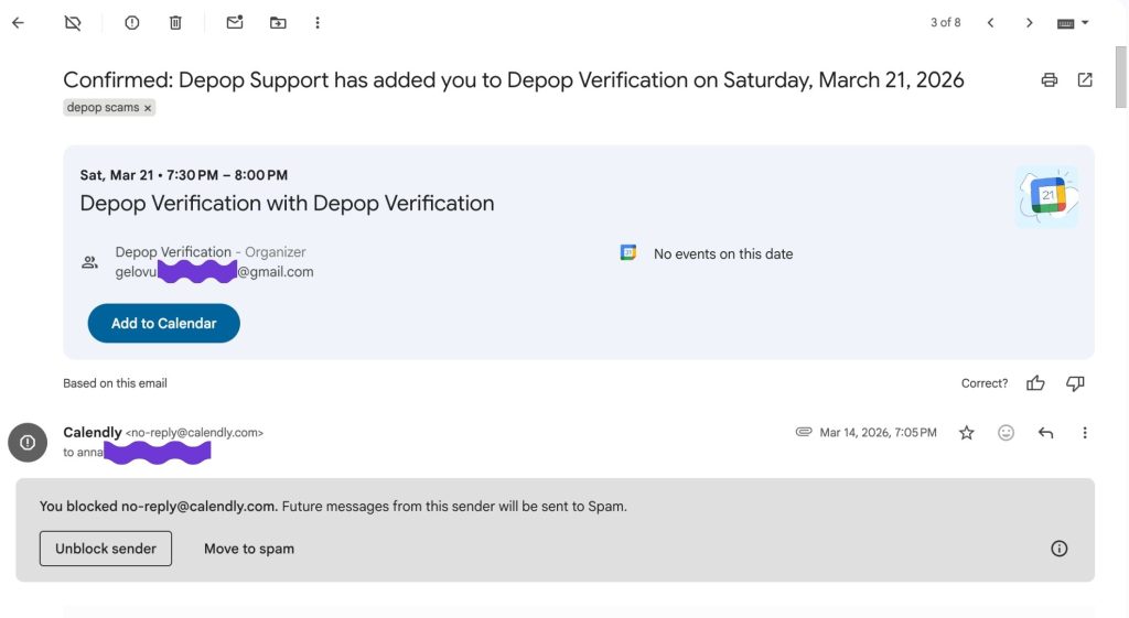 Fake “Depop verification” invite sent via Calendly, with a generic Gmail organiser