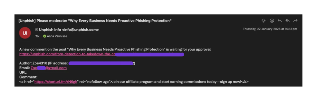 Example of Affiliate-focused spam and a shortened outbound link