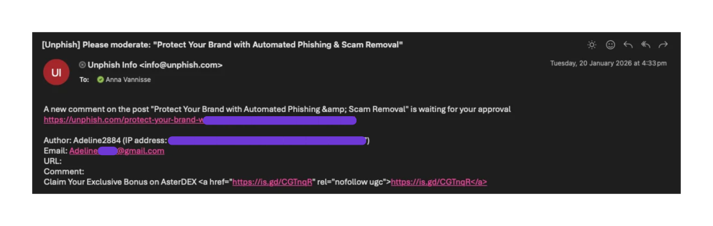 (Example of unrelated cryptocurrency-themed promotional spam)