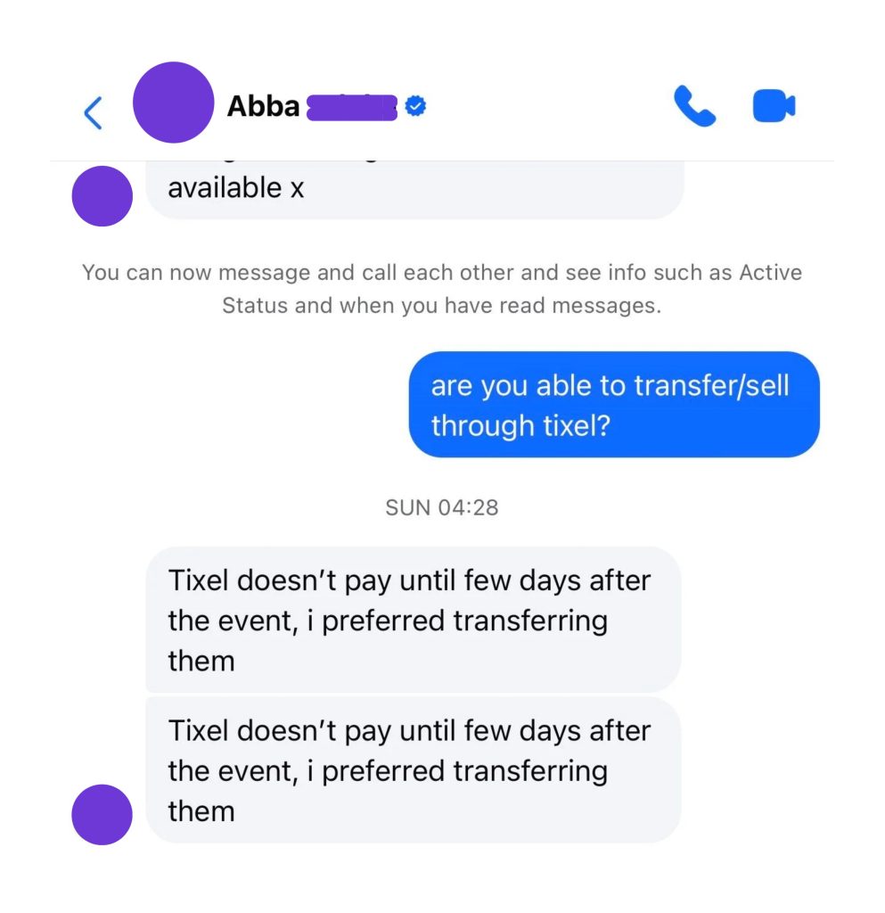 Example of a suspected scam account discouraging Tixel use by claiming platform payout delays and preferring direct transfer methods.