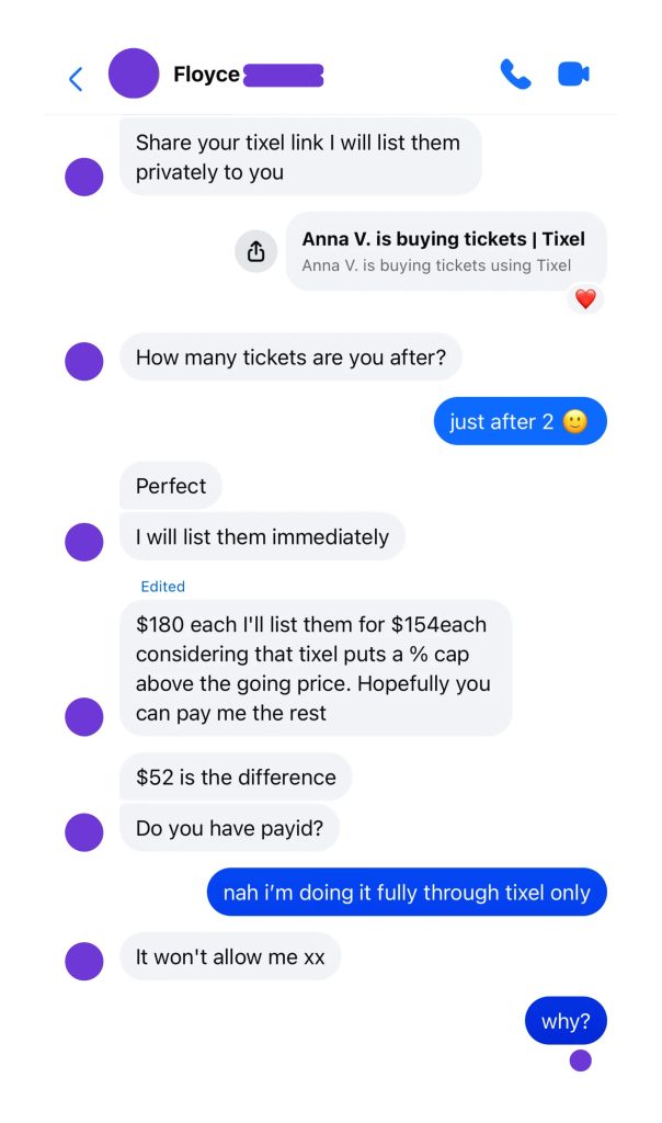 (Example of a suspected scam account attempting to split payment between Tixel and direct bank transfer while referencing supposed Tixel pricing restrictions)