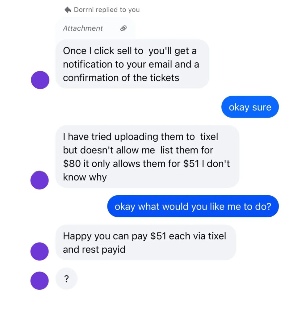 (Example of a suspected scam account claiming Tixel restricted resale pricing before requesting partial payment outside the platform)