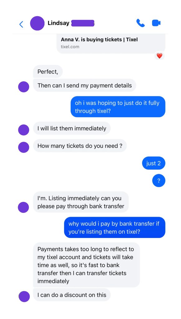 (Example of a suspected scam account requesting bank transfer payment despite initially agreeing to use Tixel, while attempting to create urgency and offer a discount)
