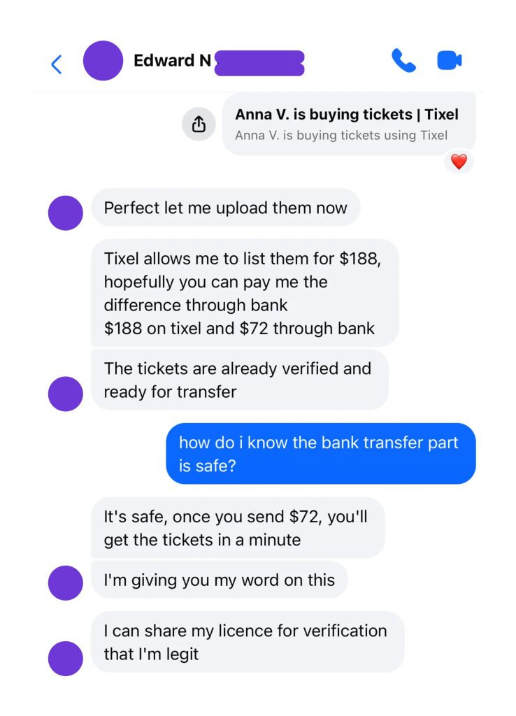 Suspected scam account attempting to split payment between Tixel and direct bank transfer