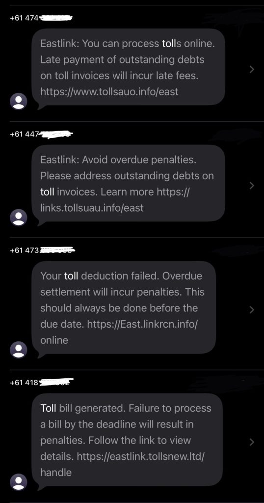 Scam messages claiming to be from a toll provider