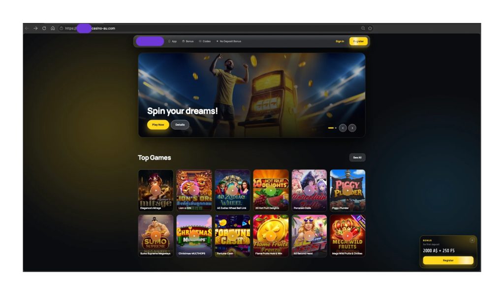Example of impersonating website using the branding of a major Australian wagering operator to promote casino games and bonus offers.