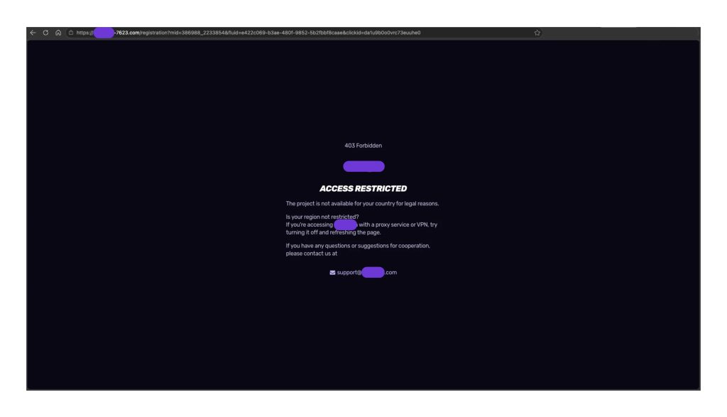 One of the third-party gambling websites reached after clicking through the impersonating site, displaying an “Access Restricted” message for Australian visitors