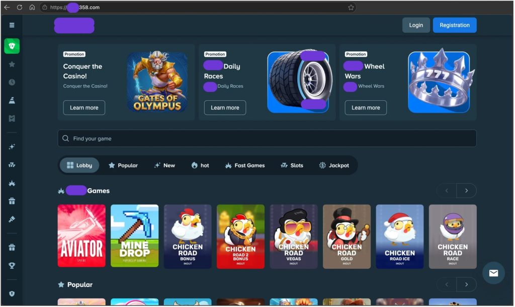 The impersonating website presented a complete casino environment using copied branding